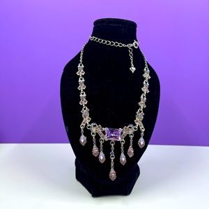 Vintage Y2K Silver with Purple & Pink Glass Crystal Chandelier Necklace